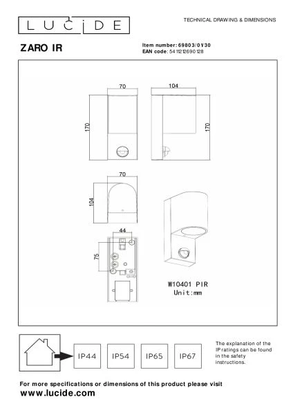 Lucide ZARO IR - Spot mural / Applique mural Intérieur/Extérieur - 1xGU10 - IP65- Détecteur De Mouvement & Jour/Nuit (désactivable) - Noir - technique